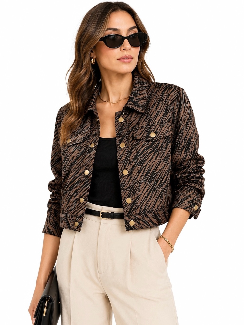 Anne Carson 100% Silk Zebra Print Cropped Jacket Brown Black Large